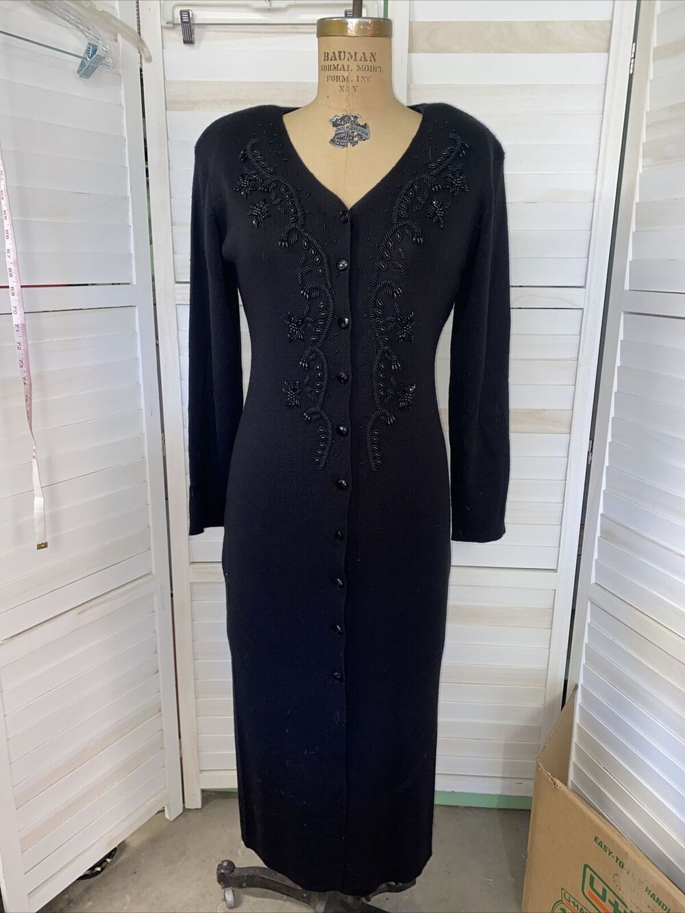 NWT Vintage 80s 90s CAROLE LITTLE Knit Pencil Bodycon Sweater Dress Beads Medium